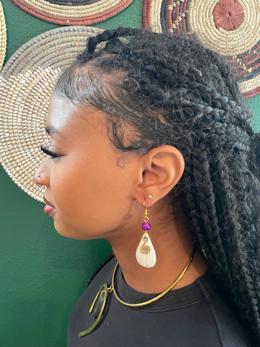 Purple Beaded Leaf Earrings