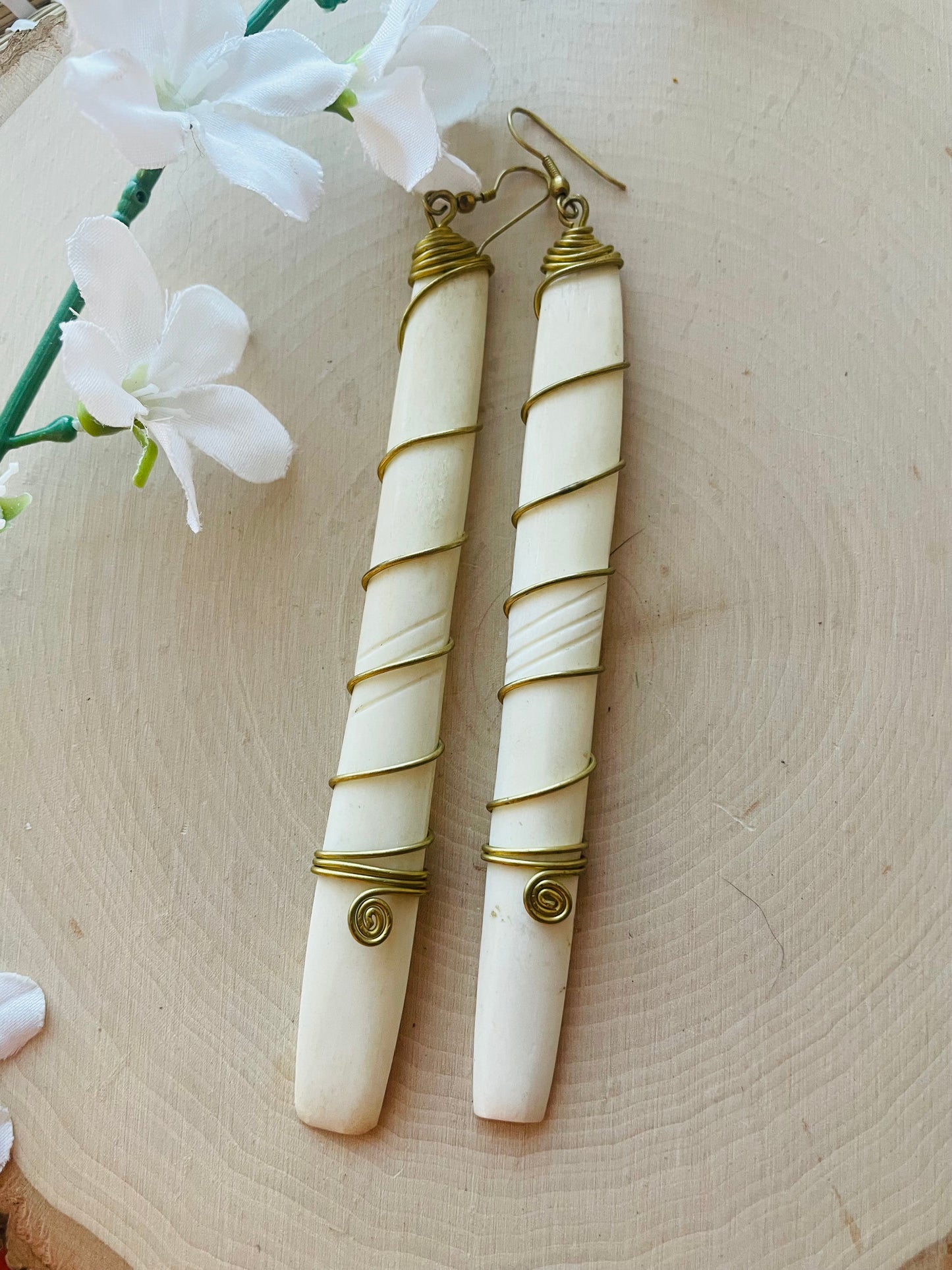 Long white brass wrapped earrings