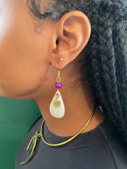 Purple Beaded Leaf Earrings