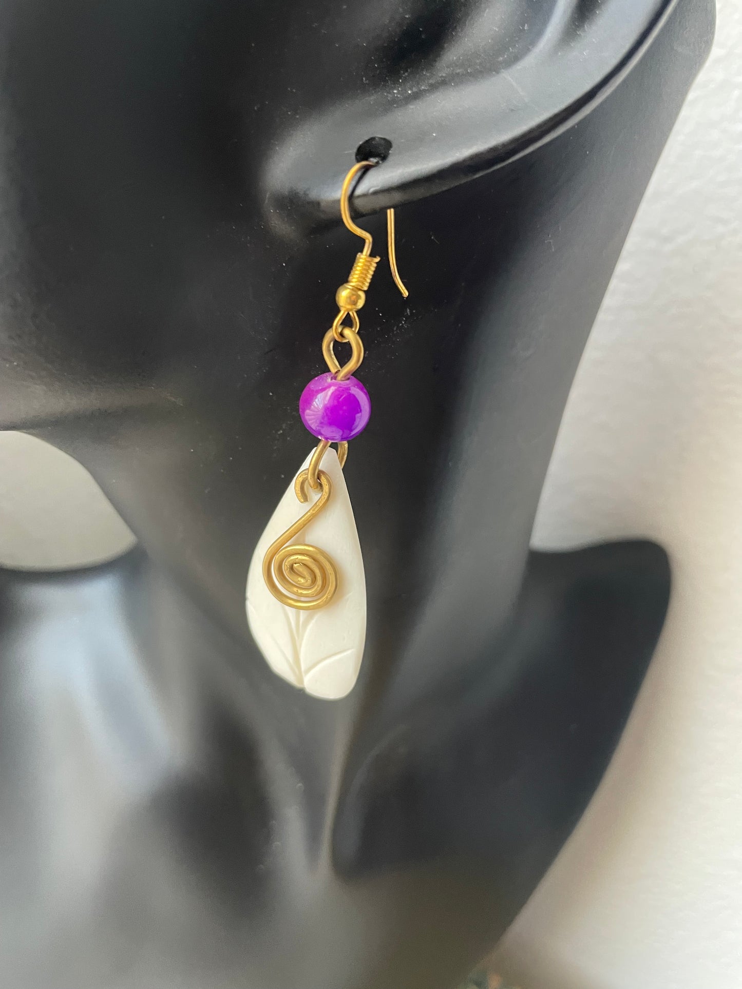 Purple Beaded Leaf Earrings