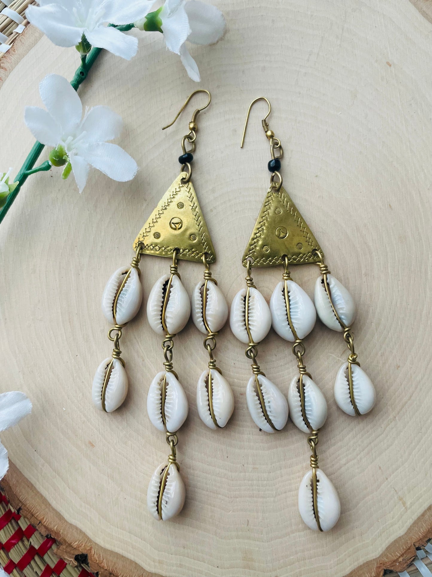 Beded Triangle Cowrie Tree Earrings