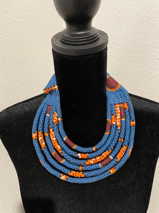 blue orange ankara wrapped necklace- clearance