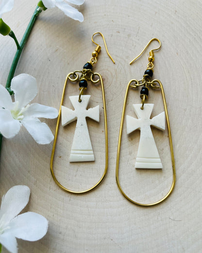Brass Cross earrings- White