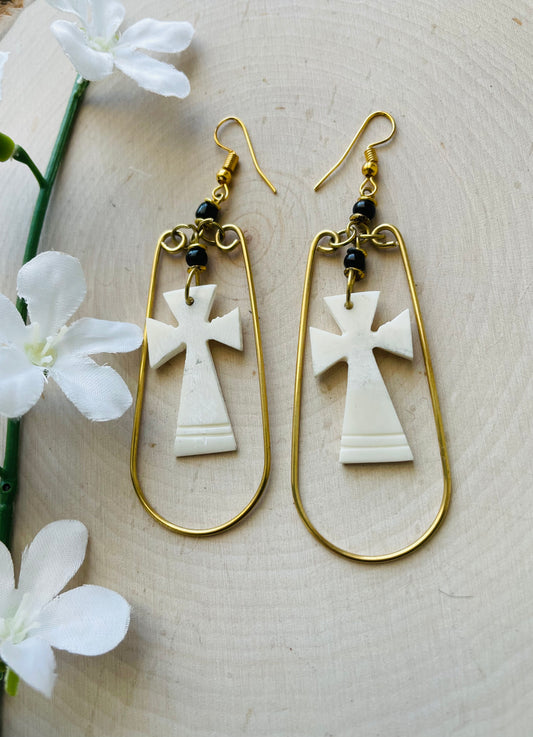 Brass Cross earrings- White